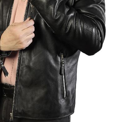 SL101004 - Silver Zipped Black Leather Biker Jacket